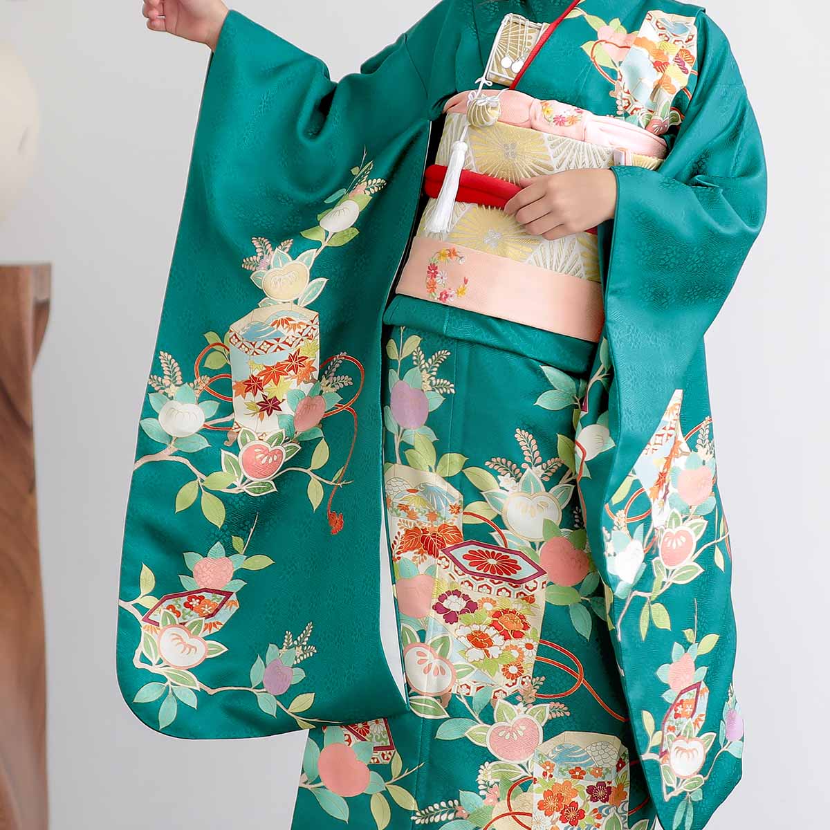 七五三七歳四つ身：N197 吉澤の友禅 【正絹】ブルーグリーン 貝桶に橘