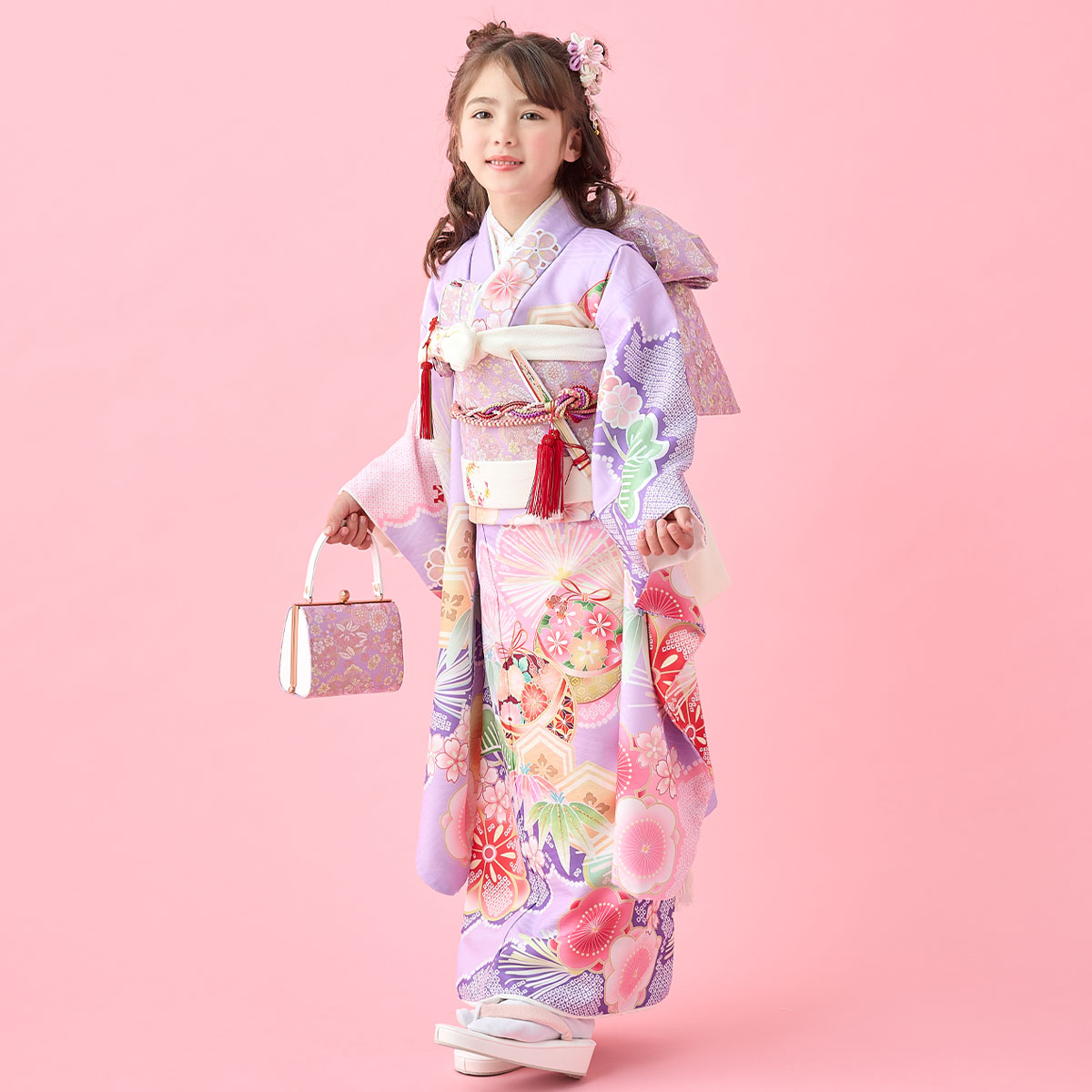 七五三七歳四つ身：N199 式部浪漫 藤色 梅に手毬 | 七五三着物レンタル