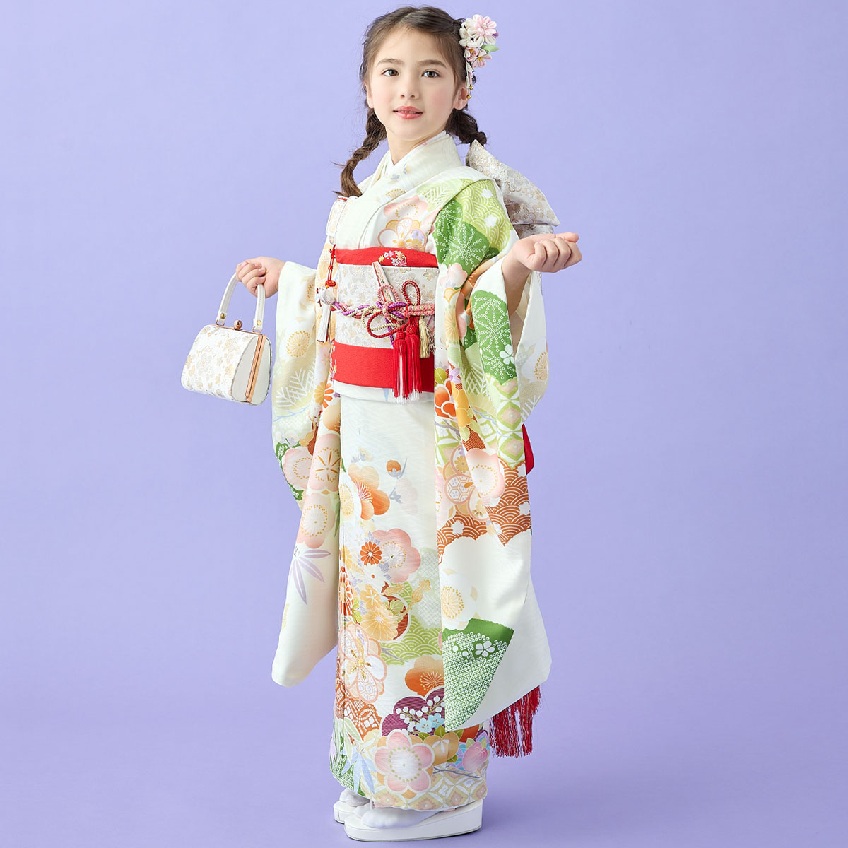 新品　七五三　7歳　お着物 七五三七歳四つ身：N204 式部浪漫 アイボリーxヒワ 梅重ね | 七五三