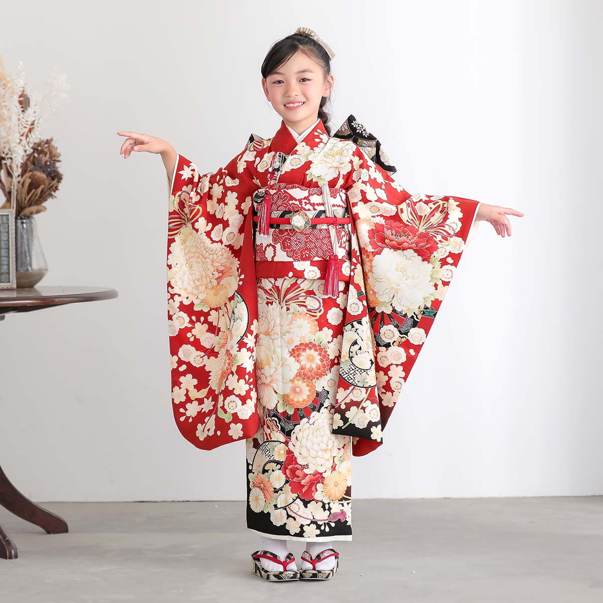 七五三七歳四つ身：N211 華徒然 赤 花車 | 七五三着物レンタル | 京都