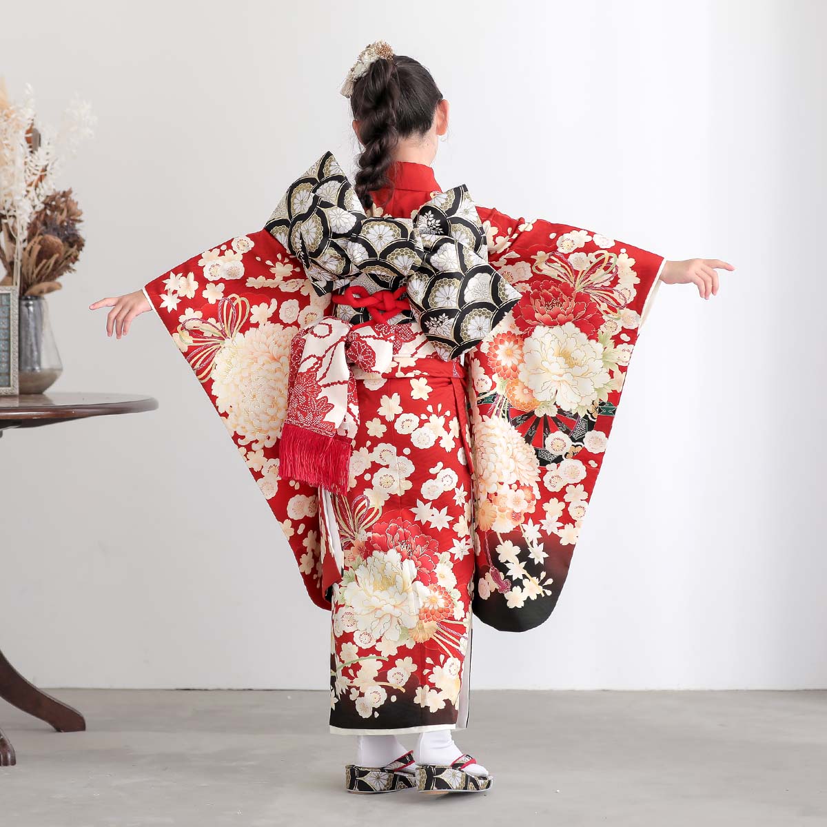 七五三七歳四つ身：N211 華徒然 赤 花車 | 七五三着物レンタル | 京都