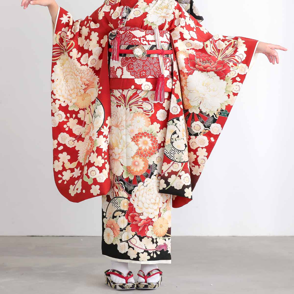 七五三七歳四つ身：N211 華徒然 赤 花車 | 七五三着物レンタル | 京都