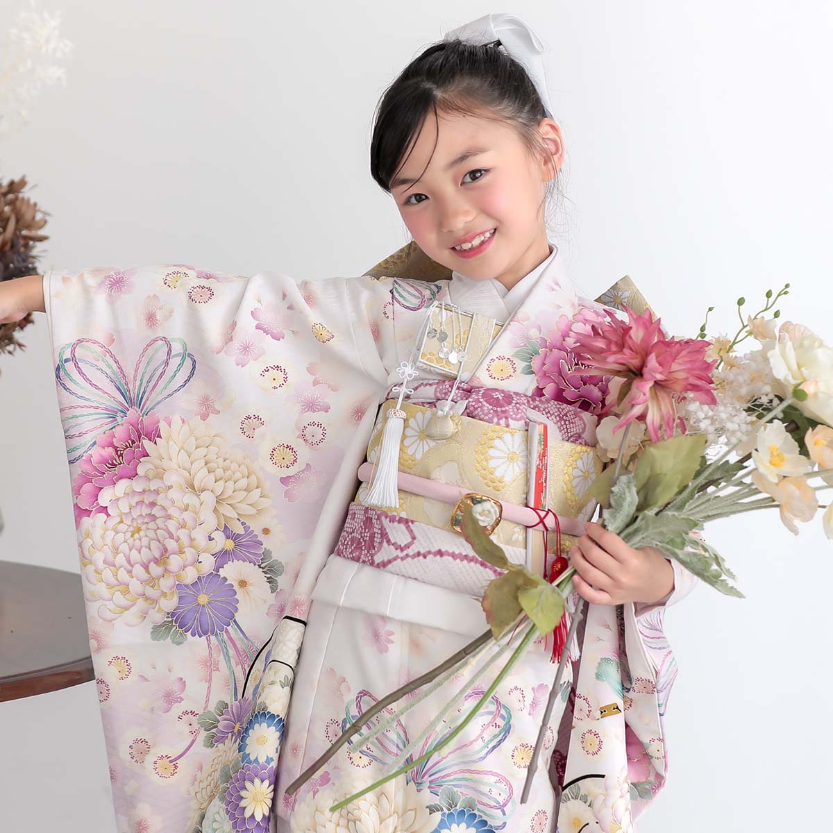 七五三七歳四つ身：N212 華徒然 薄紫 花車 | 七五三着物レンタル