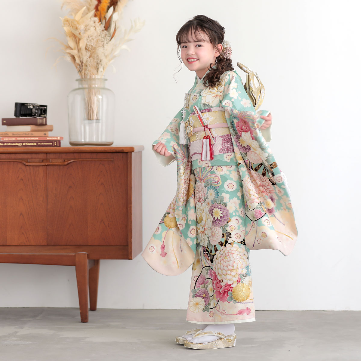 七五三七歳四つ身：N213 華徒然 水色 花車 | 七五三着物レンタル