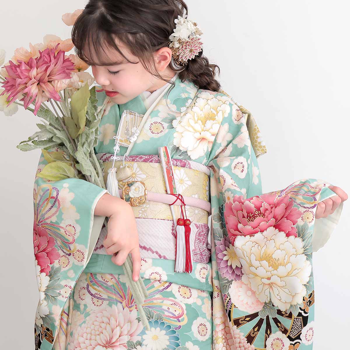 七五三七歳四つ身：N213 華徒然 水色 花車 | 七五三着物レンタル