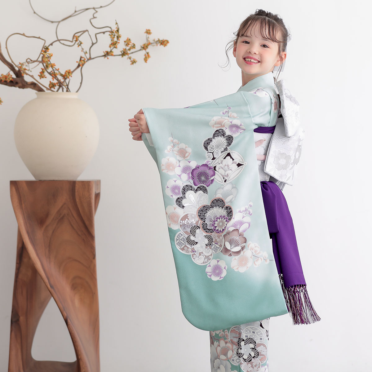 新品未使用✨七五三 着物 7歳 女の子 四つ身着物 水色 七五三七歳四つ身：N219 水色 梅に桜 | 七五三着物レンタル | 京都着物