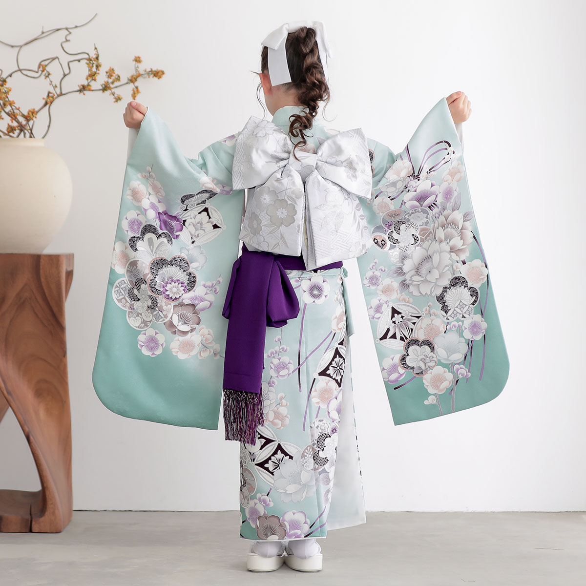 七五三七歳四つ身：N219 水色 梅に桜 | 七五三着物レンタル