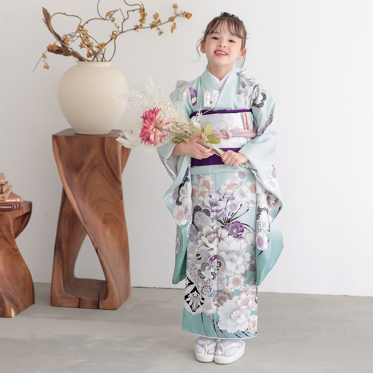 七五三七歳四つ身：N219 水色 梅に桜 | 七五三着物レンタル | 京都着物