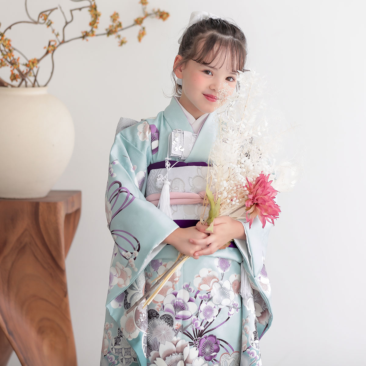 みなみ✴︎七五三 着物 女の子 七五三七歳四つ身：N219 水色 梅に桜 | 七五三着物レンタル