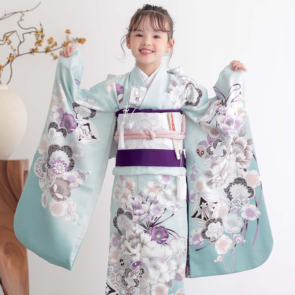 七五三七歳四つ身：N219 水色 梅に桜 | 七五三着物レンタル