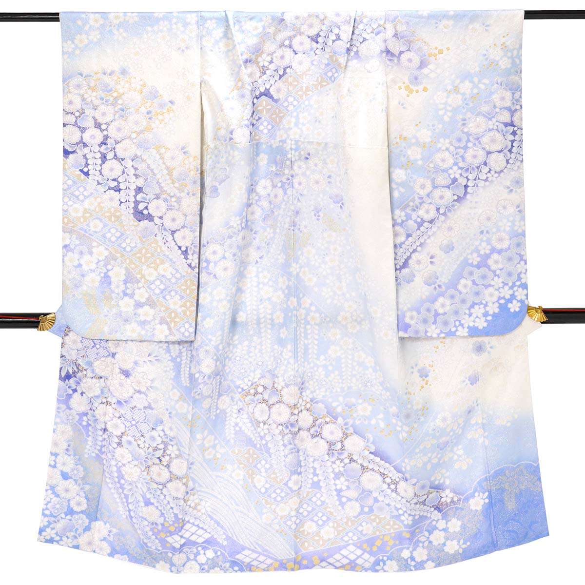 七五三七歳四つ身：N226 【正絹】白×淡ブルー 金通し辻が花 | 七五三