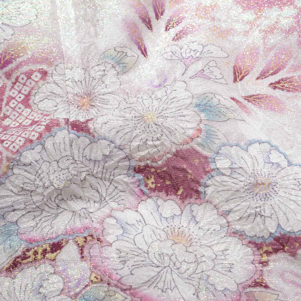 七五三七歳四つ身：N227 【正絹】白×淡ピンク 金通し辻が花 | 七五三