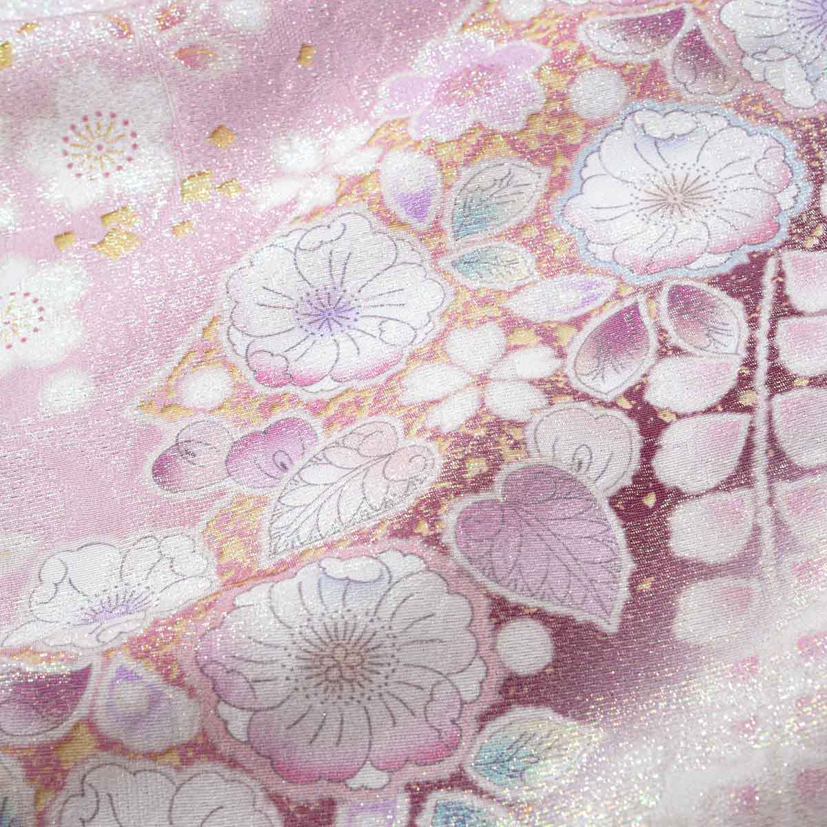 七五三七歳四つ身：N227 【正絹】白×淡ピンク 金通し辻が花 | 七五三