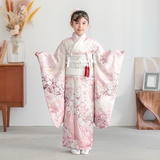 七五三七歳四つ身：N227 【正絹】白×淡ピンク 金通し辻が花 | 七五三