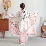 七五三七歳四つ身：N227 【正絹】白×淡ピンク 金通し辻が花 | 七五三