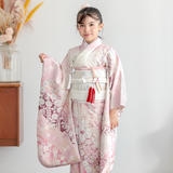 七五三七歳四つ身：N227 【正絹】白×淡ピンク 金通し辻が花 | 七五三