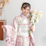 七五三　着物セット　7歳　オーガンジー打ち掛け　白色　ピンク色　新品未使用　花嫁 七五三七歳四つ身：N227 【正絹】白×淡ピンク 金通し辻が花 | 七五三