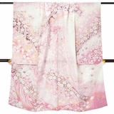 七五三七歳四つ身：N227 【正絹】白×淡ピンク 金通し辻が花 | 七五三