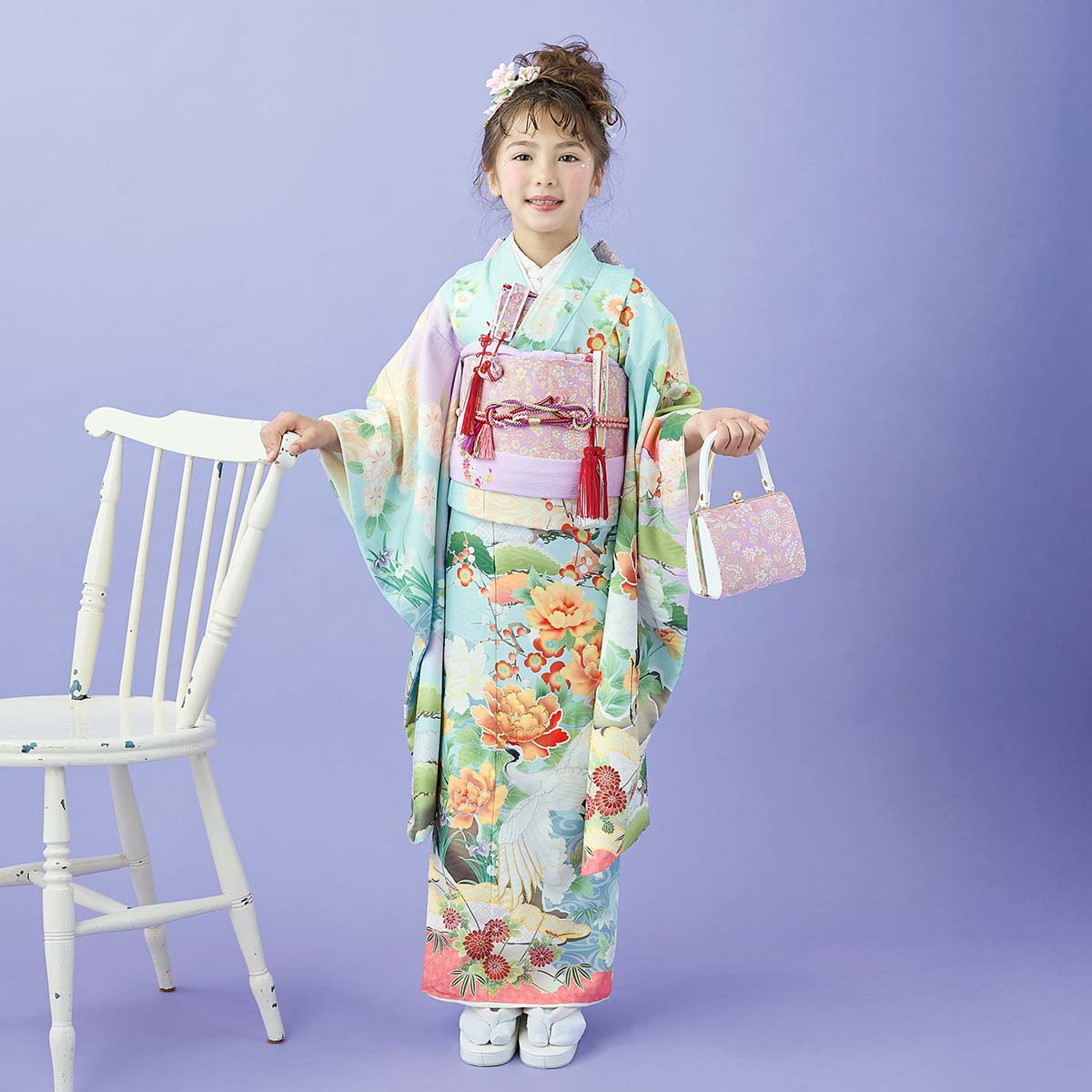七五三用和装衣装 七五三七歳四つ身：N244 式部浪漫 水色 鶴に吉祥花 | 七五三着物