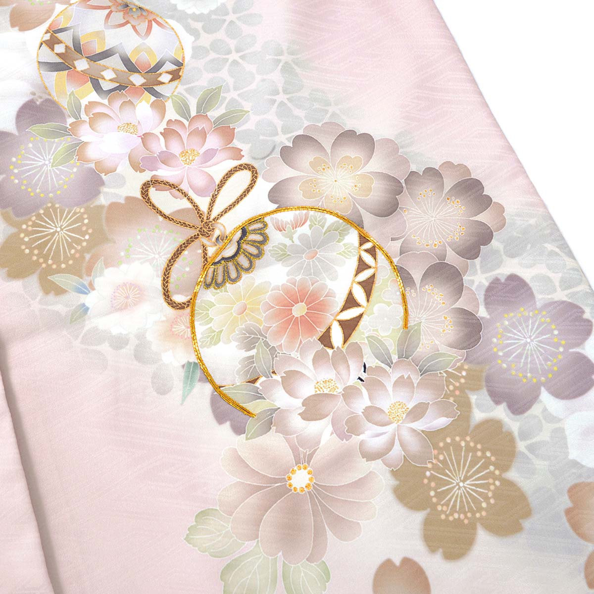 七五三 七歳‼️プリンセスならばピンク❤️豪華御所車手毬花々金彩金箔煌びやか 七五三七歳四つ身：N254 くすみピンク 手毬に桜と花々 | 七五三着物