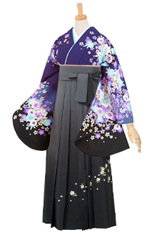 二尺袖袴：G245 青黒 雪輪に桜と牡丹│ 袴レンタル │ 京都着物