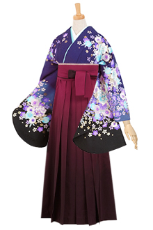 二尺袖袴：G245 青黒 雪輪に桜と牡丹│ 袴レンタル │ 京都着物
