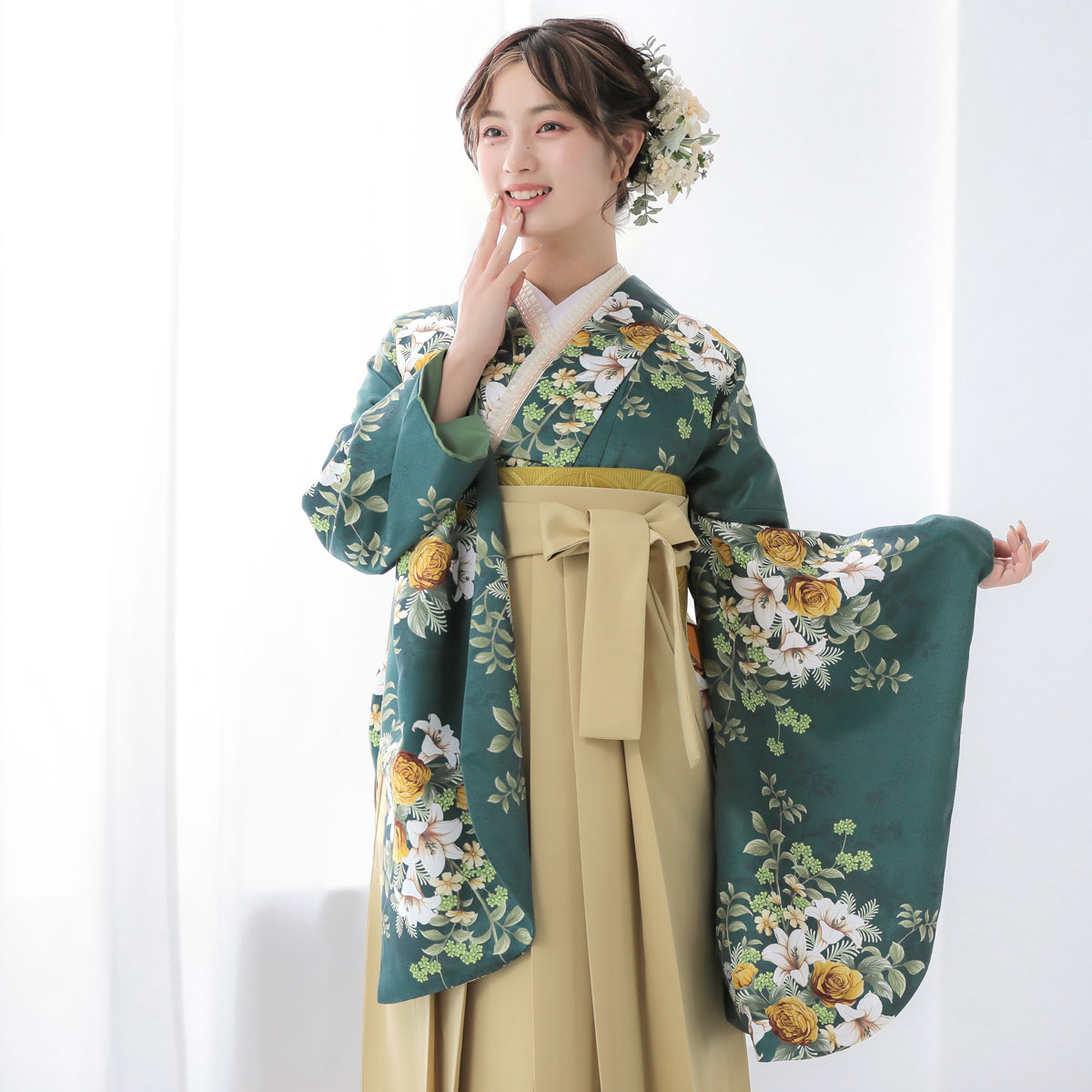 二部式着物 薔薇　ゆったり 二尺袖袴：G1004 青緑 薔薇に百合│ 袴レンタル │ 京都着物