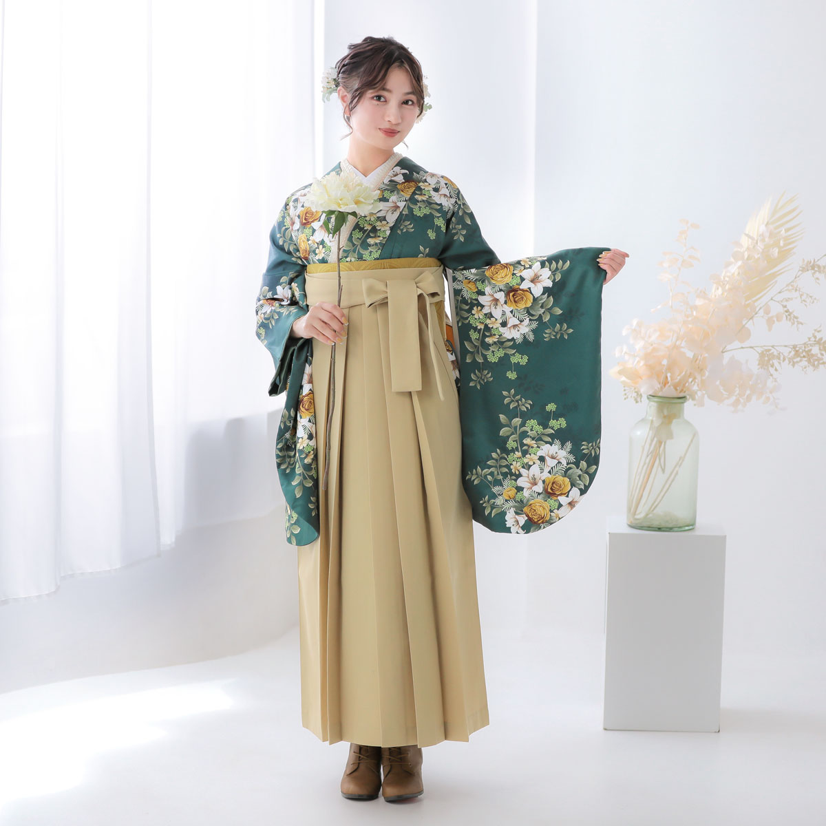 二尺袖袴：G1004 青緑 薔薇に百合│ 袴レンタル │ 京都着物レンタル夢館