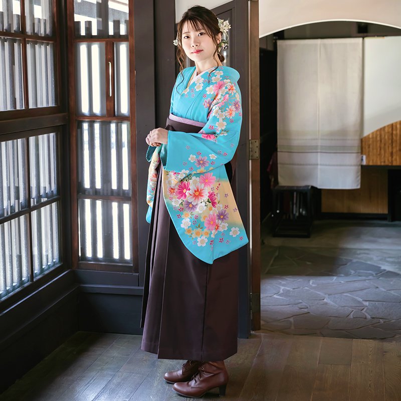 二尺袖袴：ananG124 水色 コスモス☆│ 袴レンタル │ 京都着物