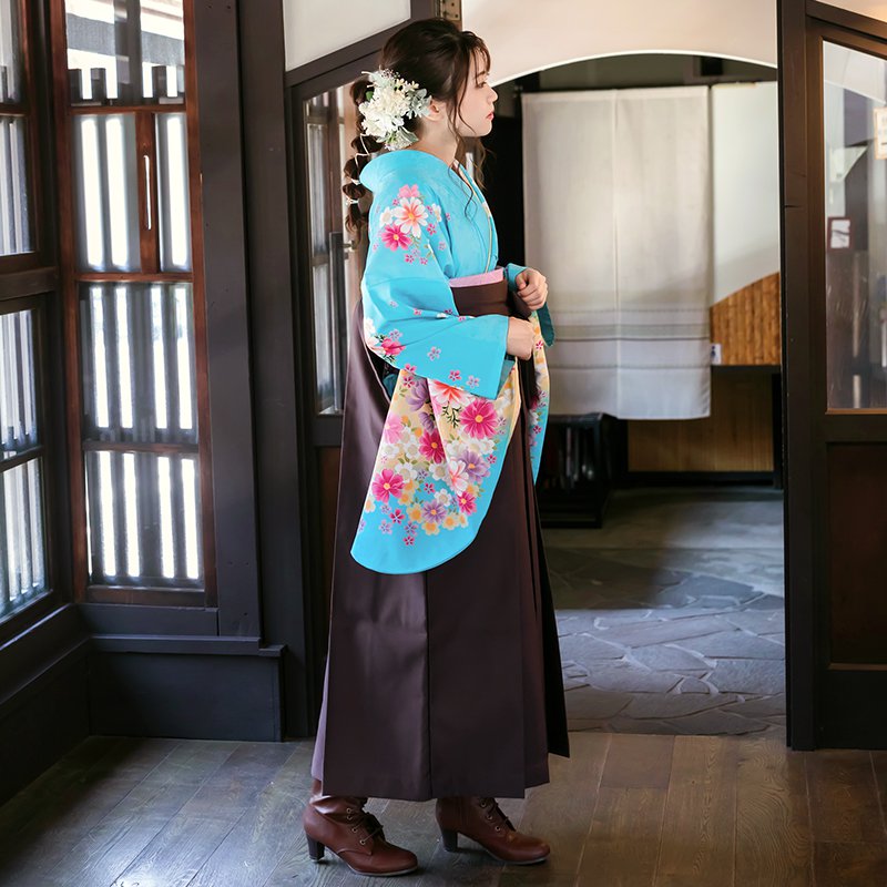 二尺袖袴：ananG124 水色 コスモス☆│ 袴レンタル │ 京都着物