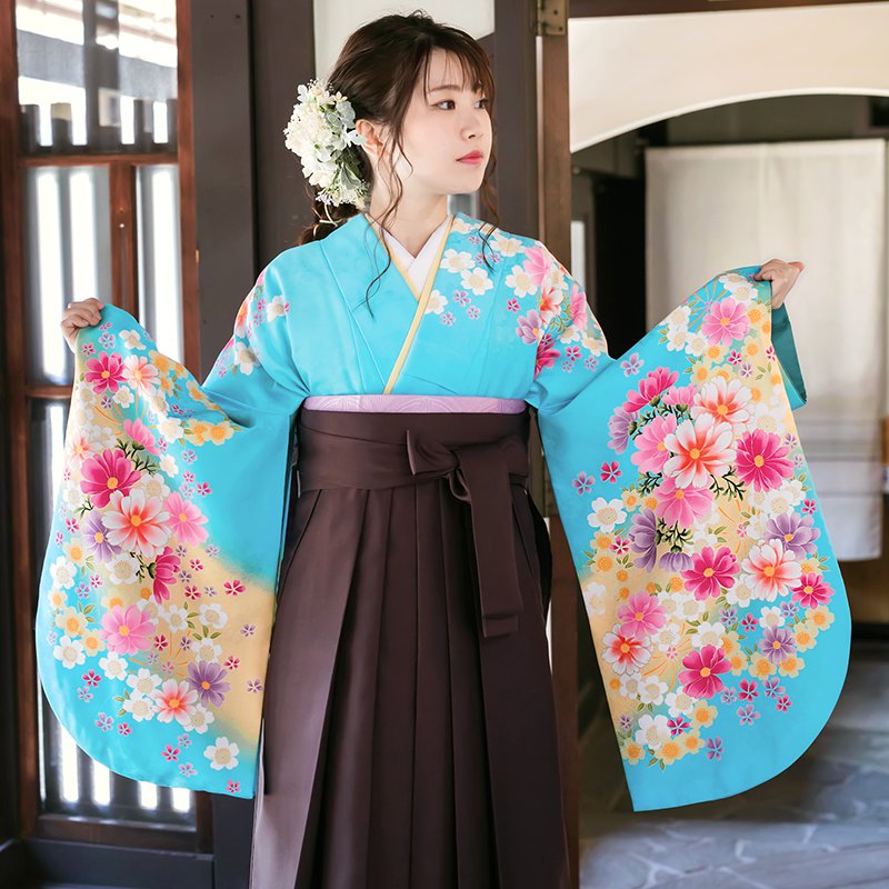 二尺袖袴：ananG124 水色 コスモス☆│ 袴レンタル │ 京都着物