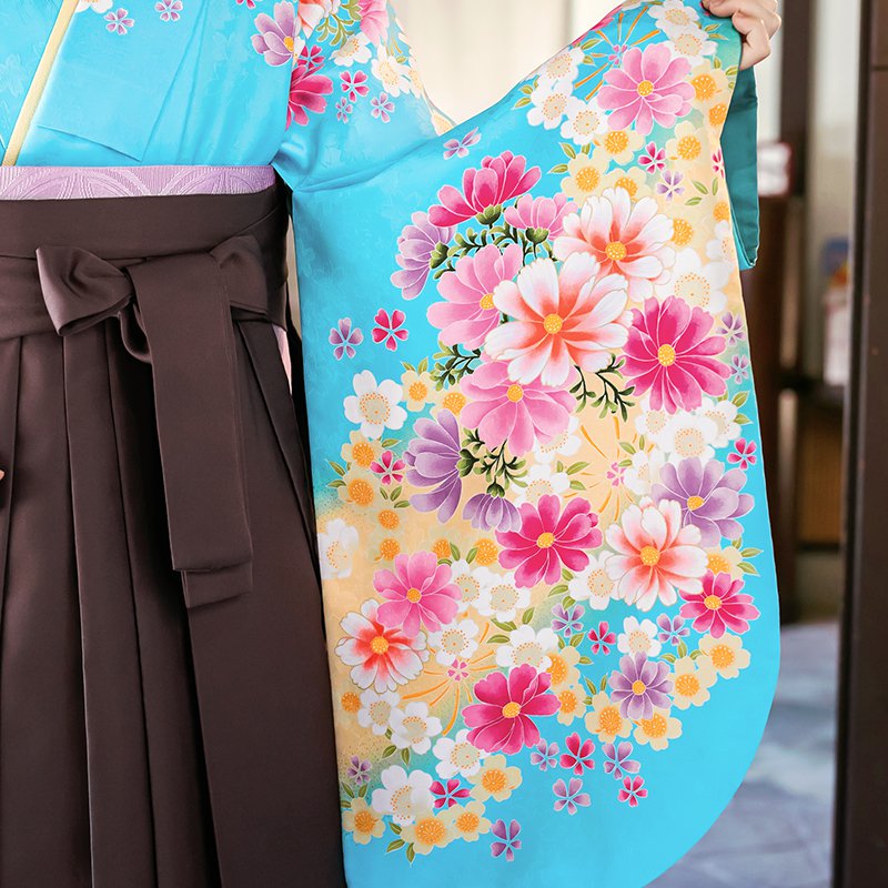 二尺袖袴：ananG124 水色 コスモス☆│ 袴レンタル │ 京都着物