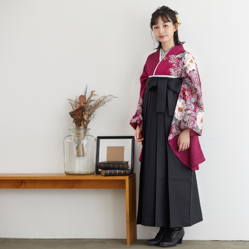 二尺袖袴：HG144 赤紫 牡丹かすみ草│ 袴レンタル │ 京都着物レンタル夢館