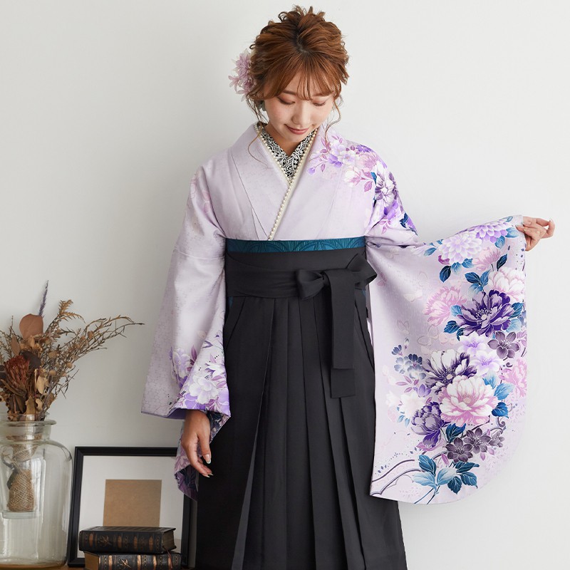 二尺袖袴：ハナエ・モリG189 藤紫 牡丹と百合│ 袴レンタル │ 京都