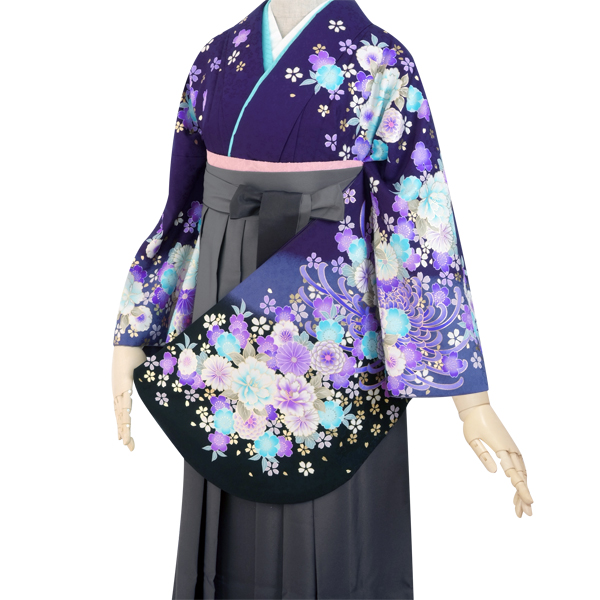 二尺袖袴：G245 青黒 雪輪に桜と牡丹│ 袴レンタル │ 京都着物