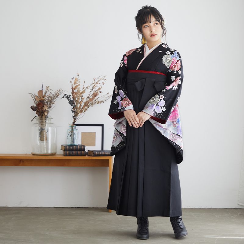 二尺袖袴：G385 黒 絞り花柄│ 袴レンタル │ 京都着物レンタル夢館