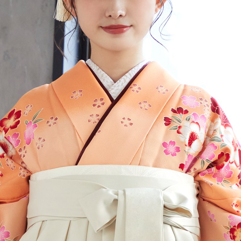 二尺袖 着物 袴 レンタル 貸衣装 From Kyoto クリーム オレンジ ワイン 刺繍 袴 S M サイズ 小学生 対応 ブーツ選択可 二尺袖袴：G476 薄オレンジ 桜とコスモス│ 袴レンタル │ 京都着物
