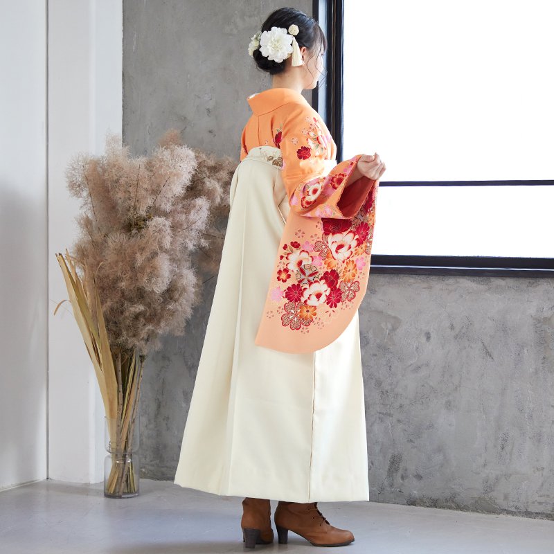 二尺袖袴：G476 薄オレンジ 桜とコスモス│ 袴レンタル │ 京都着物