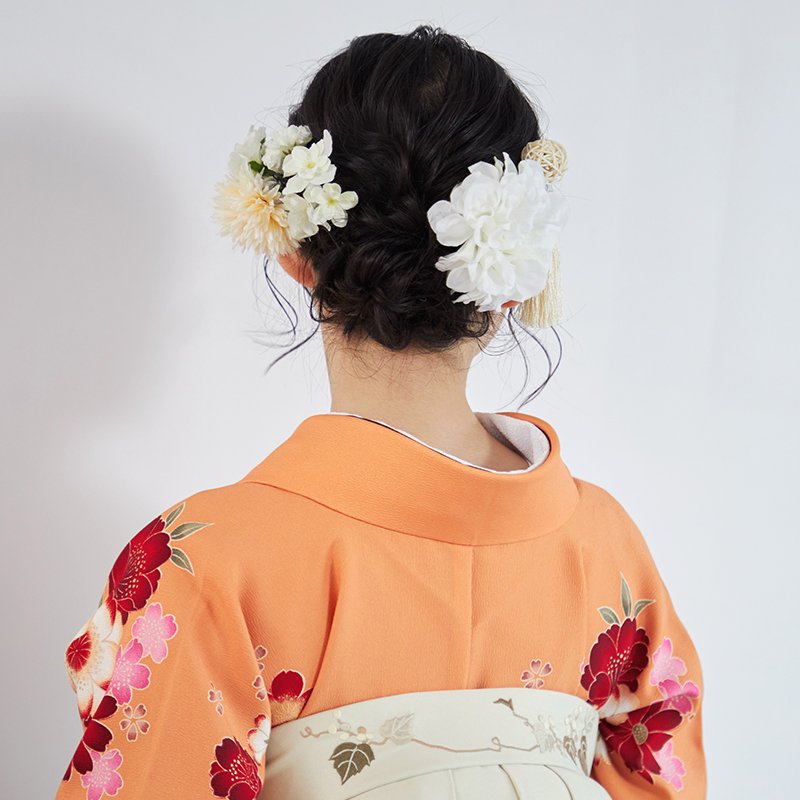 二尺袖袴：G476 薄オレンジ 桜とコスモス│ 袴レンタル │ 京都着物