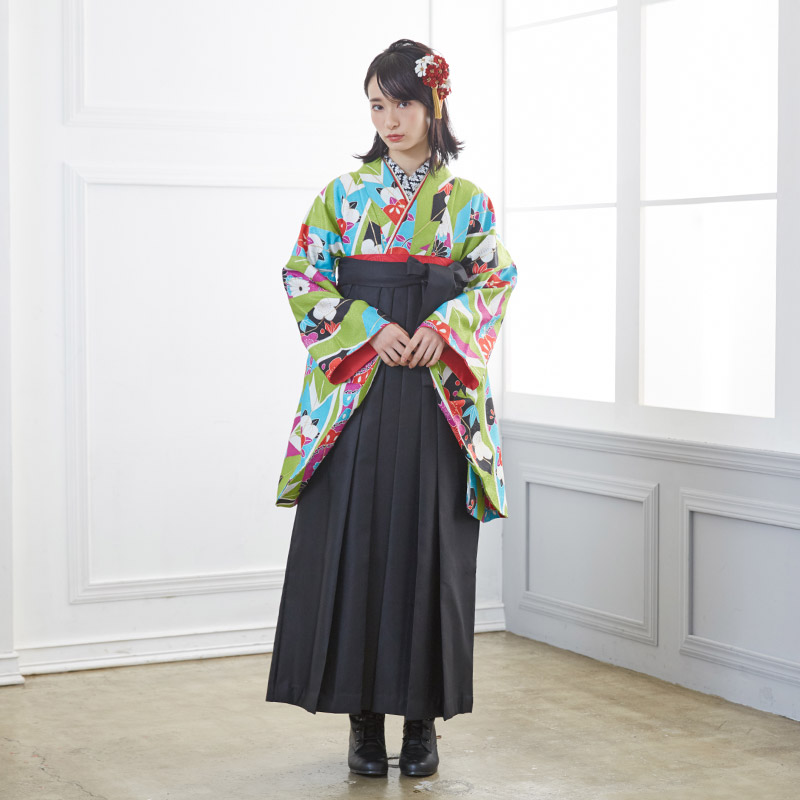 二尺袖袴：九重G543 黄緑 矢絣と花│ 袴レンタル │ 京都着物レンタル夢館