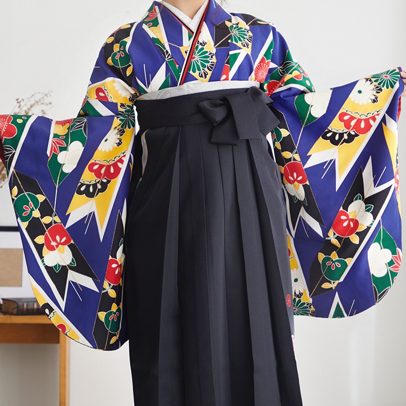 二尺袖袴：九重G675 青 矢絣と花│ 袴レンタル │ 京都着物レンタル夢館