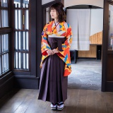 二尺袖袴：九重G676 オレンジ 笹と梅(A061)│ 袴レンタル │ 京都着物