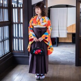 二尺袖袴：九重G676 オレンジ 笹と梅(A061)│ 袴レンタル │ 京都着物