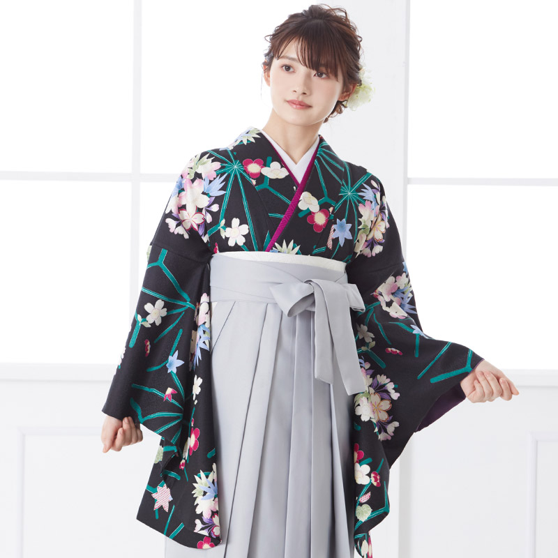 二尺袖袴：Adam＆EveG729 黒 麻の葉に花の丸│ 袴レンタル