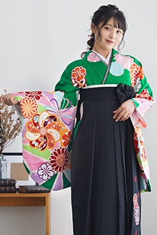 緑桜に矢柄二尺袖着物&袴セット - 着物