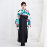 二尺袖袴：モダンアンテナG860 クリーム 青緑＆赤 斜め文様│ 袴