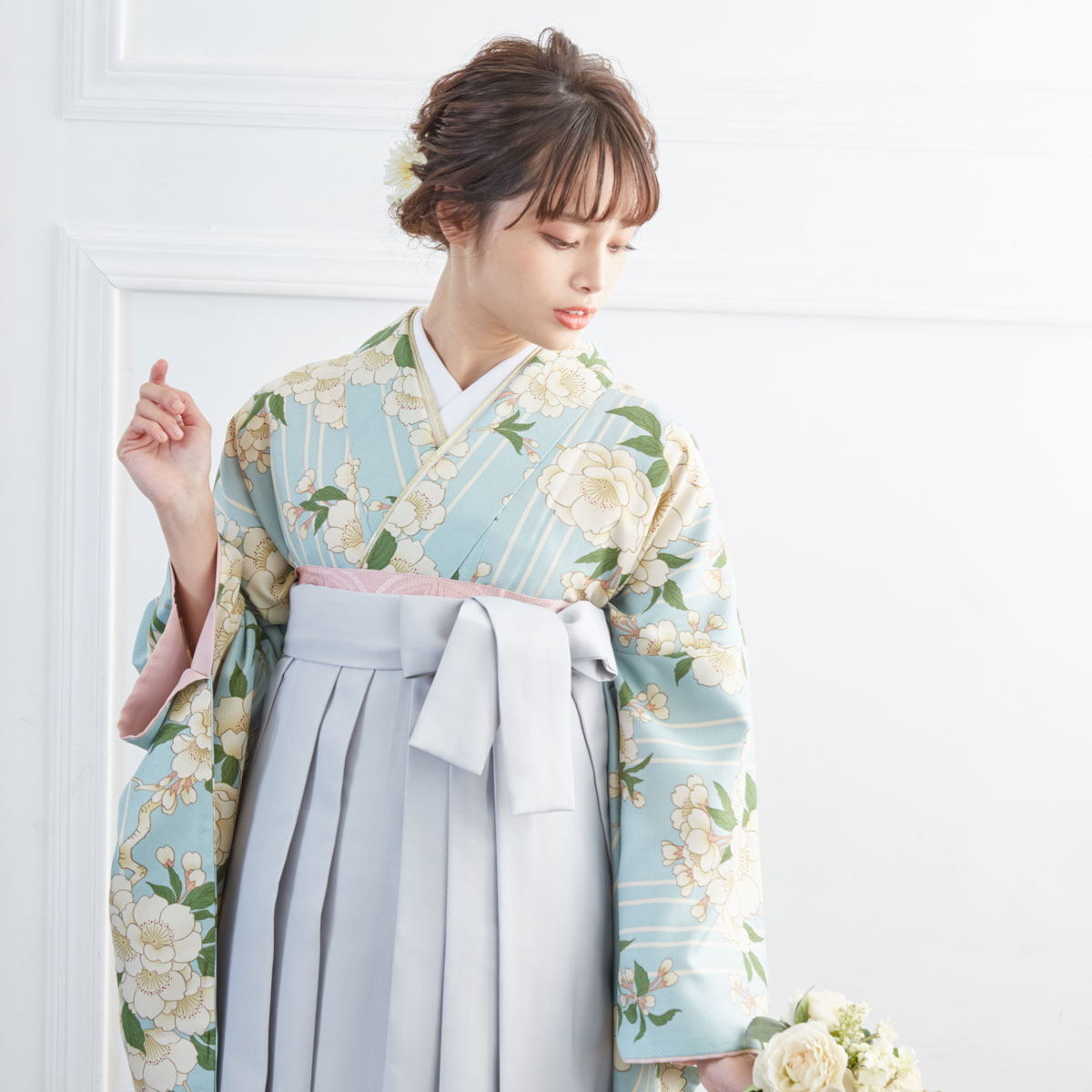 二尺袖袴：G921 水色 三筋縞に枝桜│ 袴レンタル │ 京都着物レンタル夢館