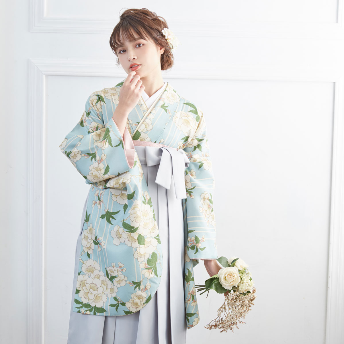 二尺袖袴：G921 水色 三筋縞に枝桜│ 袴レンタル │ 京都着物レンタル夢館