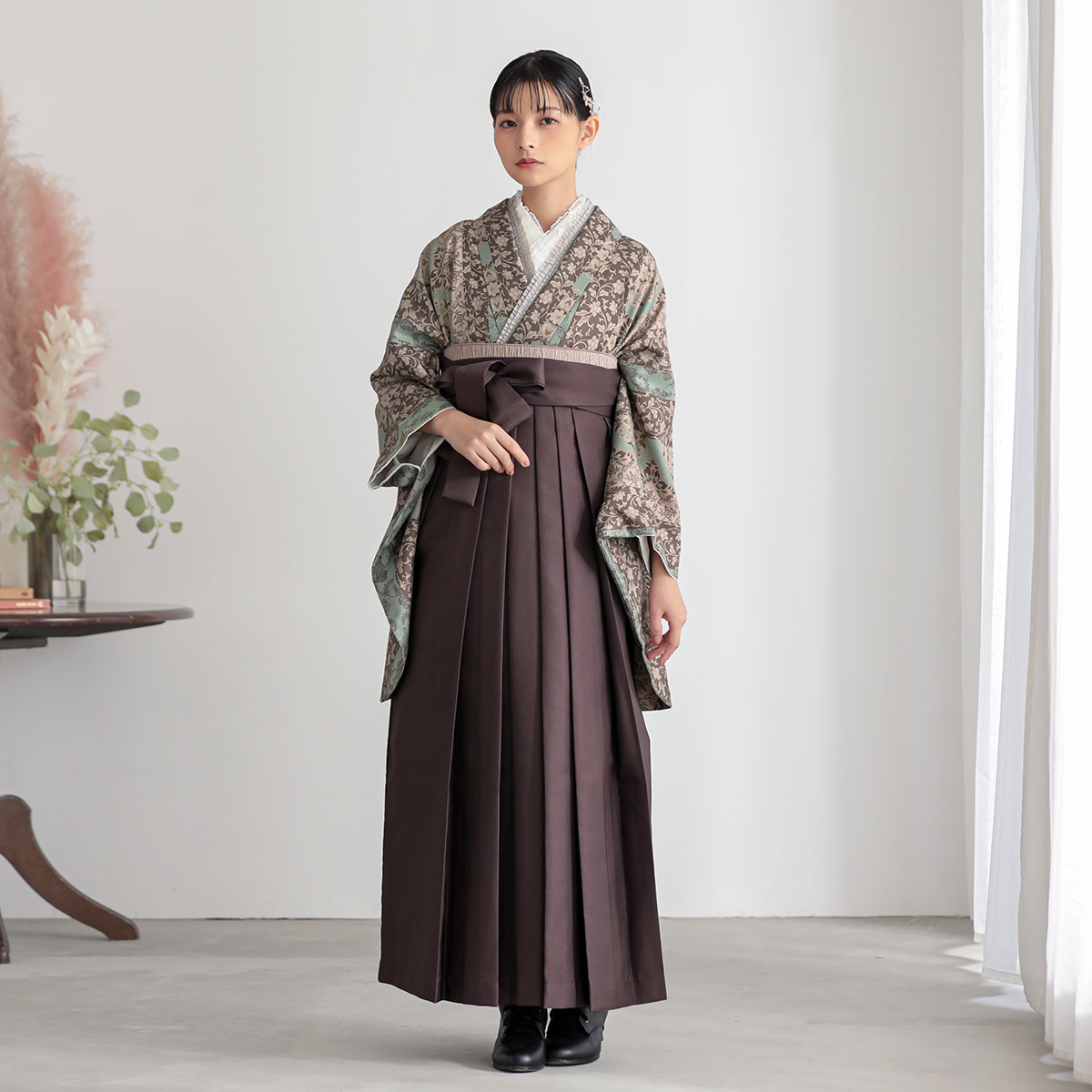 JAPAN ファッション 2尺袖 ポリエステル着物 更紗 袴用