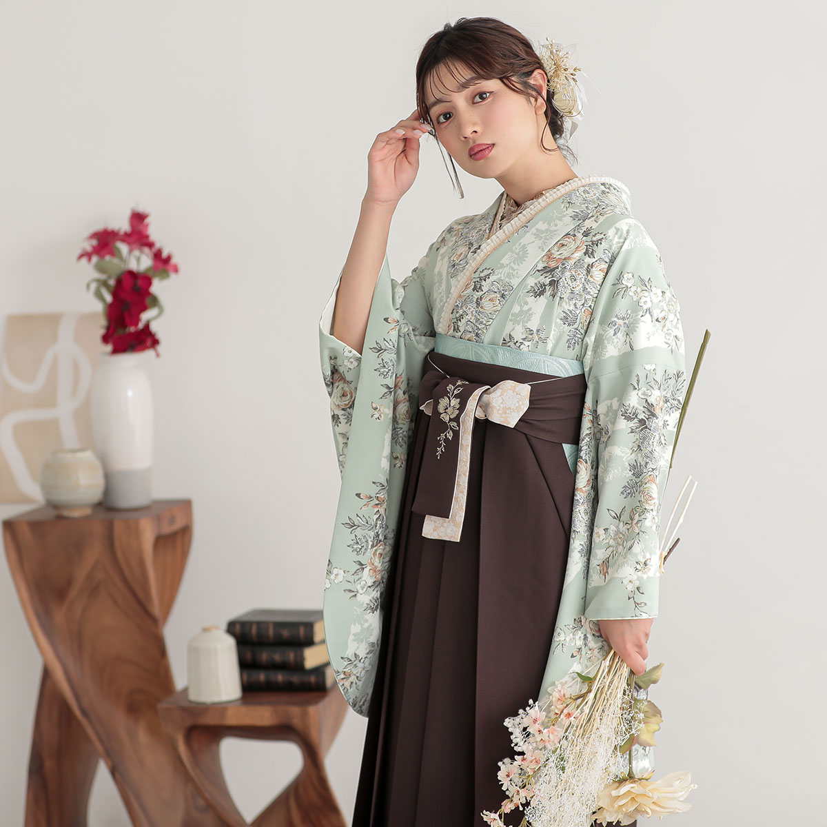 二尺袖袴：Kami ShibaiG975 ミントグリーン 薔薇にストライプ│ 袴